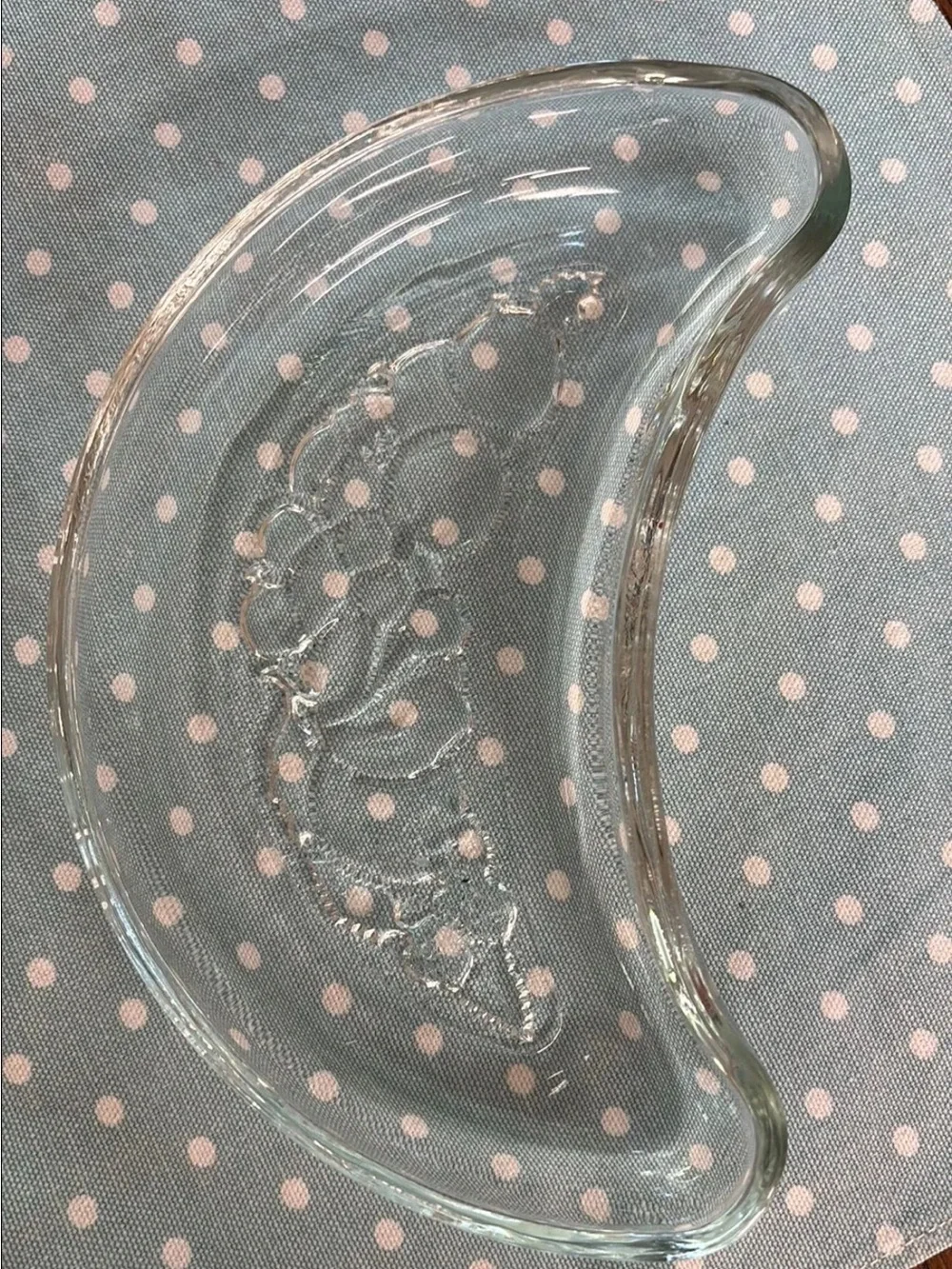 Vintage clear crescent shaped glass side or bone dishe with fruit design